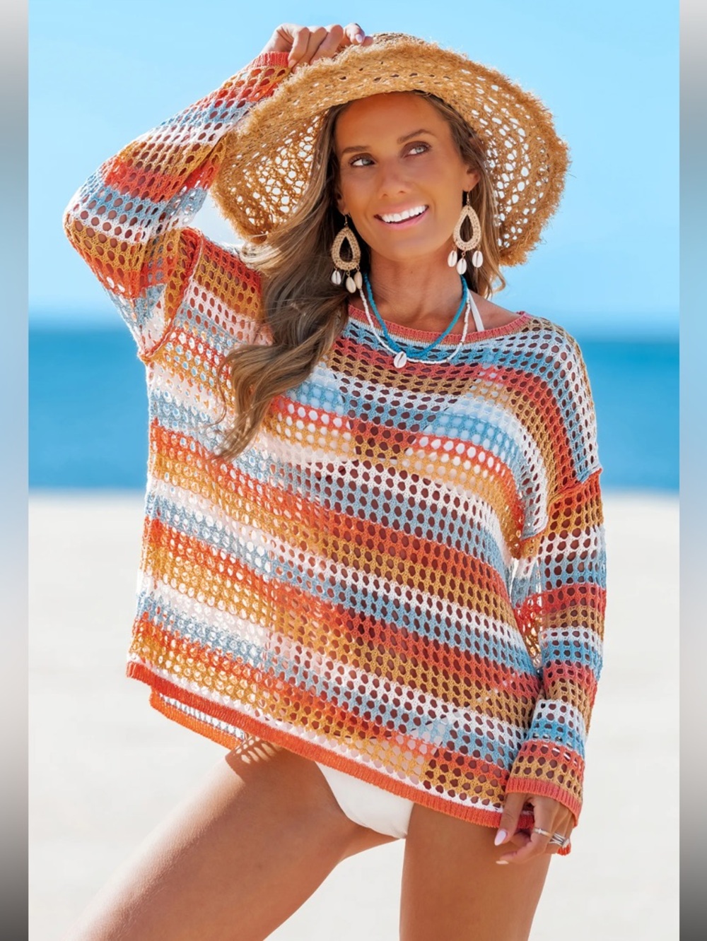 NWT Women’s Striped Crochet Beach Cover-Up Sweater - Orange & Blue
